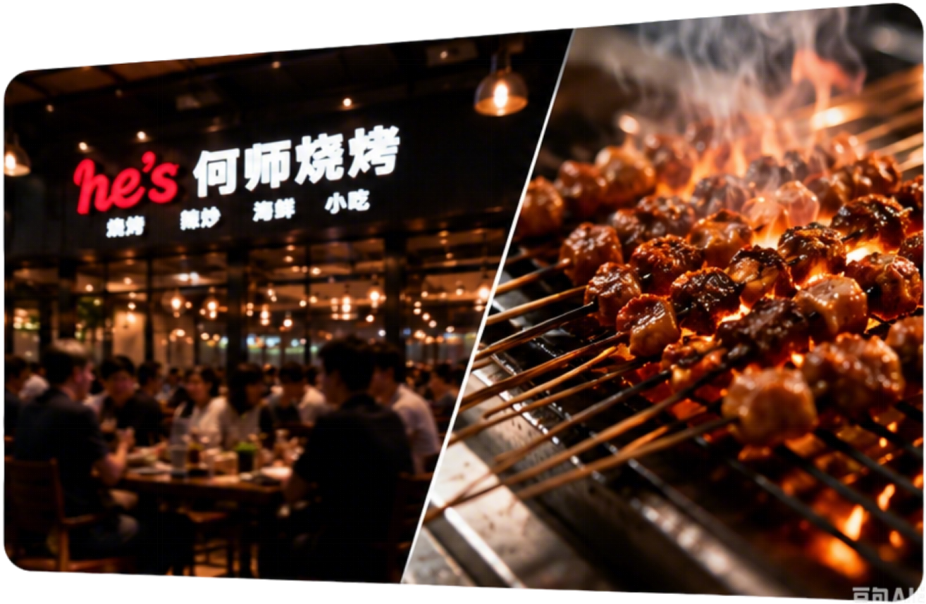 何师烧烤门店空间与烧烤出品
