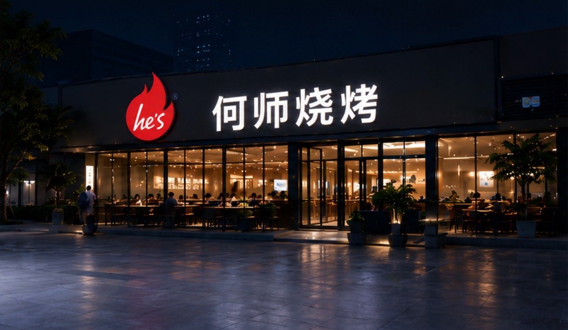 何师烧烤门店夜景