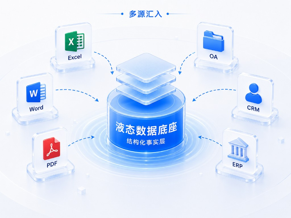 液态数据底座：多源汇入，Excel、Word、PDF 与 ERP、CRM、OA 汇入结构化事实层示意