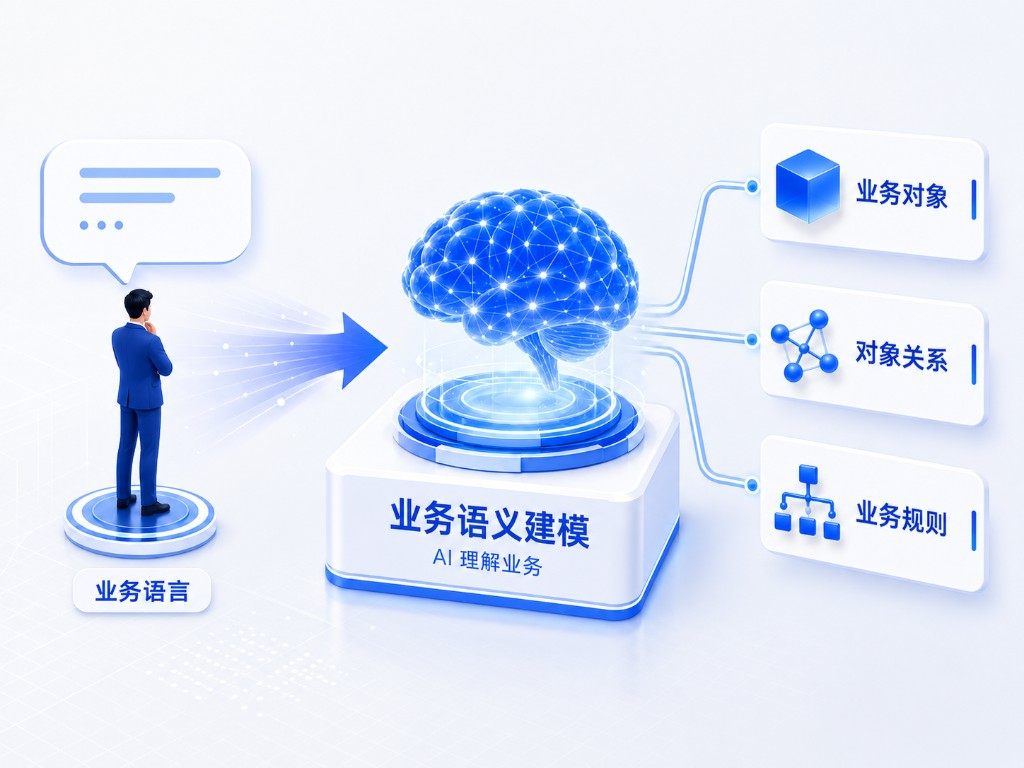 业务语义建模：业务语言输入，AI 理解业务对象、对象关系与业务规则示意